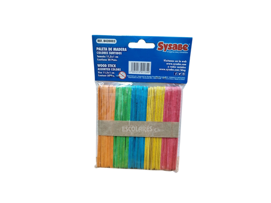 PALETA DE MADERA COLORES SURTIDOS 50 UND